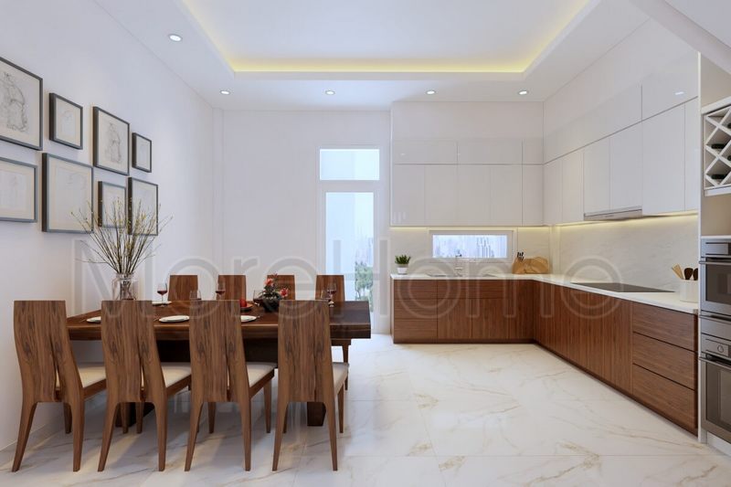 Phòng ăn liền bếp được thiết kế đẹp với nội thất gỗ tự nhiên cao cấp mang lại sự quí phái cho gia chủ.